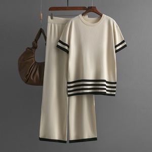 Women's Casual Summer High Waist Slim Pants Set Short Sleeve Knitwear Top with Contrast Stripe-Comfortable & Stylish - Product Image 3