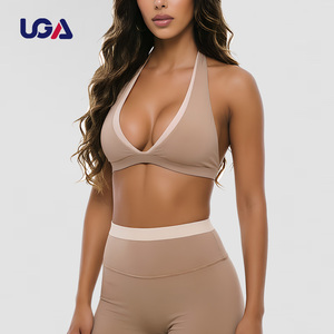 Halter Neck Open Back High Impact Layered Yoga Bra Contrasting Color Block Activewear Sports Custom Sports Bra