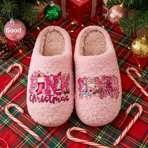 Winter Indoor Warm Closed Toe TPR Non-Slip Pink Christmas Santa Printed House <strong>Slippers</strong> for Women <strong>Xmas</strong> Holiday Gift Wholesale - Product Image 1