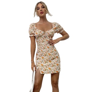 Abito estivo stampato a vita alta con gonna corta, <span class=keywords><strong>vestito</strong></span> floreale sexy con spacco, scollo quadrato, scollatura profonda, allacciatura sul retro, senza schienale, <span class=keywords><strong>aderente</strong></span> - Product Image 5