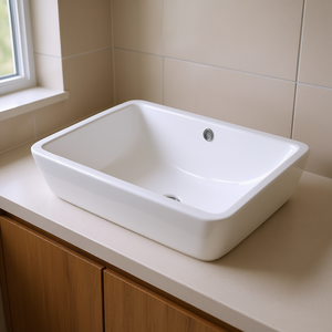 Vasque de salle de bain rectangulaire en céramique, cuve profonde, avec trop-plein, design moderne, installation en encastré - Product Image 2