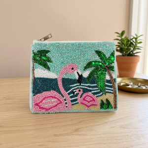 Glass Beaded Flamingo Palm Tree Tropical Beach Coin Purse Handmade Zipper Closure Bohemian Style Mini Unisex - Product Image 4