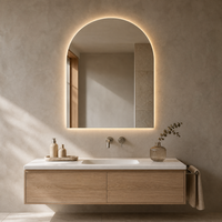 Miroir de salle de bain LED rétroéclairé sans cadre, arqué, anti-buée, à intensité variable 3000K-6000K, étanche IP44, mural, intelligent