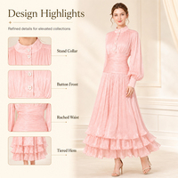 Robe de soirée rose à manches longues pour femme, col montant, taille plissée, ourlet à volants superposés, robe de cérémonie personnalisée, vente en gros