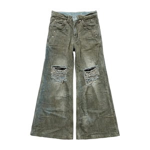 Custom Men Ripped Jeans Mud Wash Distressed Frayed Wide Leg Denim Trousers Plaid Patchwork Detail Vintage <strong>DenimPants</strong> - Product Image 1