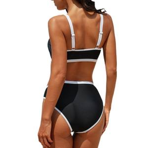 Traje de baño bikini de 2 piezas para mujer, cuello en V profundo, ribete en contraste, tela elástica, para natación, deportes acuáticos, ropa de playa - Product Image 5