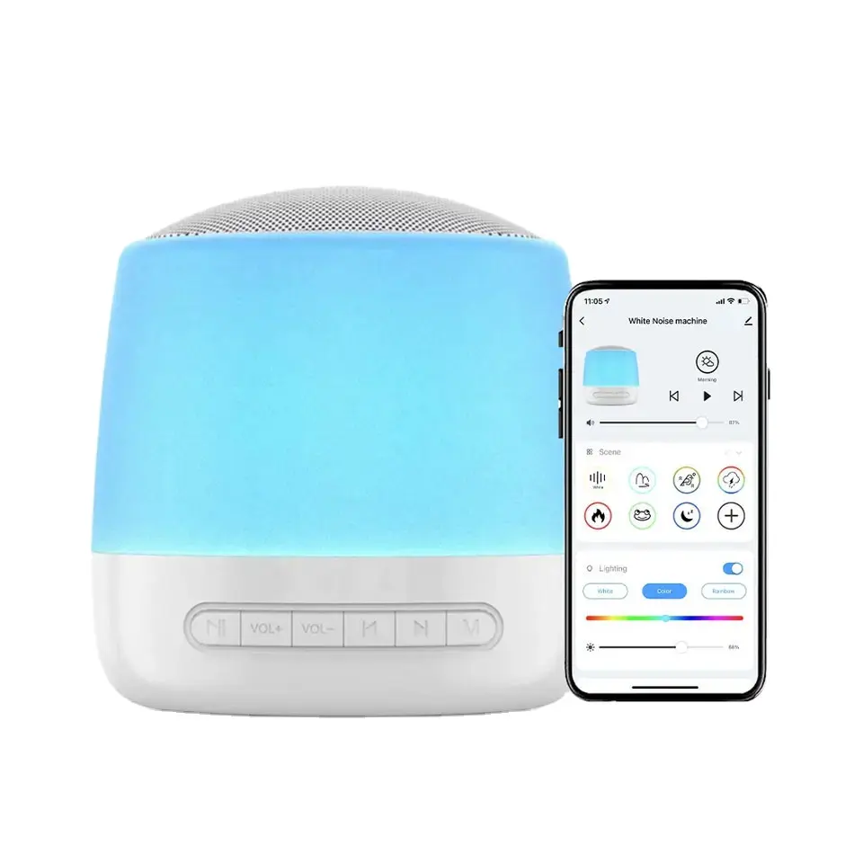 Rechargeable Baby Smart Sleep Sound machine with Night Light for baby use, supporting DIY sleep routine