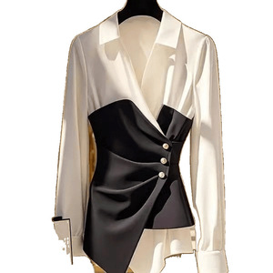 Black and White Contrasting Color <b>Shirt</b>, High-end Women's Clothing, Slanted Button Pleated Top Fashion - Product Image 1