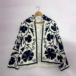 Ethnic White Cotton Embroidered Suzani Jacket with <b>Black</b> Floral Pattern Full Sleeve Stand Collar Handmade Bohemian <b>Winter</b> <b>Coat</b> - Product Image 1