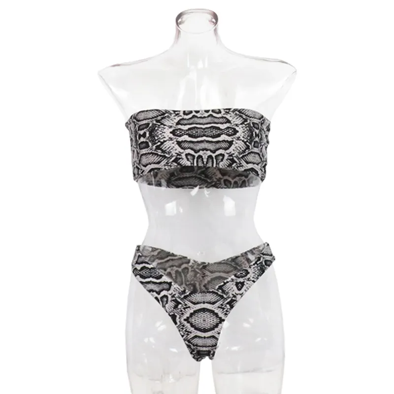 2023 Customized Snake Pattern Printing Bandeau Bikini High Cut Swimwear & Beachwear for Women