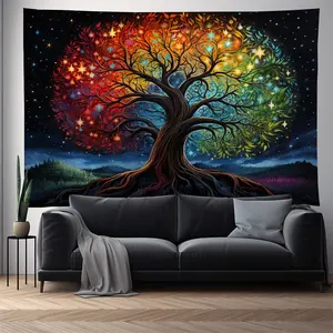 Wonderful Designs Polyester Material Black Light Tree Of Life Wall Tapestry