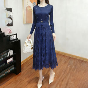 Robe plissée élégante pour femme, ornée de perles, en dentelle tissée lavable, avec patchwork, amincissante à la taille – Vente en gros en ligne - Product Image 1