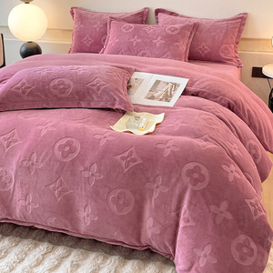 Parure de lit 4 pièces en velours de lait épais jacquard taffetas noir mat européen, couleur unie, en polaire corail, pour l'hiver - Product Image 6