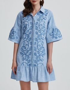 Vestido Camisero <span class=keywords><strong>de</strong></span> Mezclilla Vintage para Mujer, Lavable, con Botones, Mangas con Volantes Bordados, Corte en A, Mini Vestido <span class=keywords><strong>de</strong></span> Verano con Bolsillos, Estilo Casual - Product Image 3