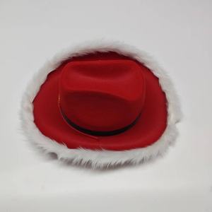 Chapeau de cowboy en velours rouge de style occidental pour Noël, costume de Père Noël avec bordure pour les fêtes et festivals - Product Image 4