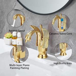 Nghệ Thuật Sang Trọng Thiết Kế Thiên Nga Rửa Sàn Gắn Lỗ Duy Nhất Vàng Brass Đồng Nóng Và Nước Lạnh Phòng Tắm Lưu Vực Vòi Nước Mixer <span class=keywords><strong>Tap</strong></span> - Product Image 3