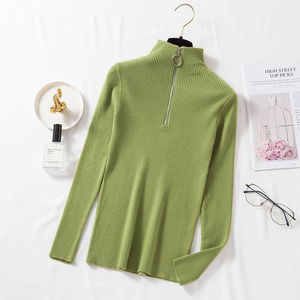 Suéter Feminino de Tricô Slim com Zíper e Gola Alta, Estilo Coreano, Cor Sólida, Manga Longa, para Primavera e Outono - Product Image 5