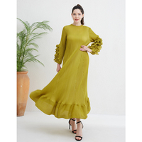 Robes plissées Miyake, Abaya décontractée pour femmes musulmanes, modeste, jaune, manches lanternes, occasions spéciales, grande taille, robe simple, sur mesure