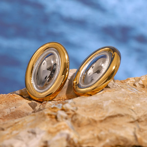 Oval <b>Stud</b> <b>Earrings</b> 18k Gold Stainless Steel Color Blocked Geometric Design Zinc Alloy Fashion Jewelry - Product Image 2