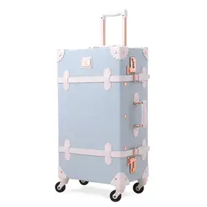 Light Blue Retro Rolling Luggage with Adjustable Rod, Spinner Wheels Vintage Cute Suitcase for Women Carry On