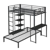 Lit superposé en acier taille double avec panneau MDF, bureau surélevé, bande lumineuse LED, étagères de rangement – Moderne, gain de place, durable pour dortoir et appartement