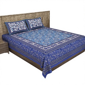 Nouvelles draps plats imprimés bleus avec 2 taies d'oreiller incluses, ensembles de housses de couette en coton écologique 300 fils, style nature - Product Image 1