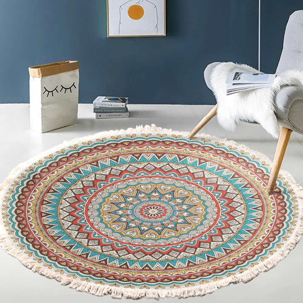 Retro Boho runder Schlafzimmer Teppich mit Quaste Tür Bad Boden Stuhl Fuß matte Wohnzimmer Leinen Persian Islam Gebets teppich Home Decor