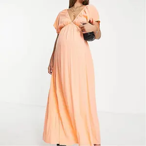 Fashion Maternity Coral V-Neck Flutter Sleeve Slit Maxi Beach Dress