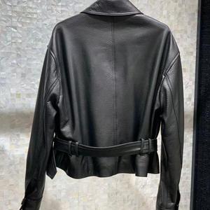Veste en cuir véritable de <span class=keywords><strong>mouton</strong></span> avec ceinture ajustable, style streetwear, veste en cuir <span class=keywords><strong>noir</strong></span> pour femmes - Product Image 3