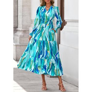 FOXA Women's Floral Maxi <b>Dress</b> Long Sleeve V Neck A Line Elastic Waist <b>Boho</b> Party <b>Dress</b> Spring <b>Summer</b> Casual Wear - Product Image 3