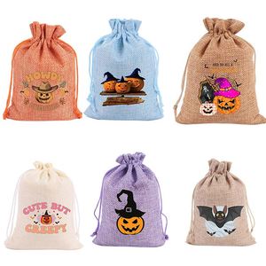 Sac en toile de jute à motif Halloween 15x20cm, sac en lin en gros, pochette à cordon en nylon, idéal pour décorations de festival, souvenirs, bonbons - Product Image 1