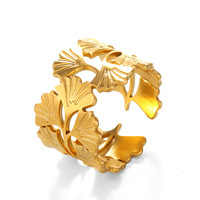 Cincin Terbuka Daun Ginkgo Baja Tahan Karat Gaya Eropa dan Amerika, Cincin Daun Baja Titanium Hip Hop yang Dipersonalisasi dan Berukuran Besar
