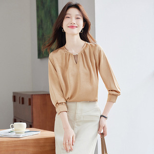 White Women's <b>Satin</b> Shirt Solid Color Long Sleeve Work <b>Blouse</b> Elegant Design - Product Image 2