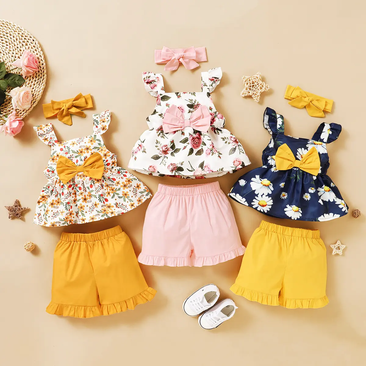 מפעל מחיר תינוק בנות בגדים סטים חמוד Bowknot תינוק בגדי שלוש-חתיכה סטי קיץ תינוקת בגדים