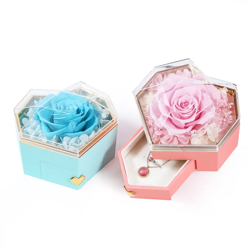 Новый продукт, 2024 подарок на День Святого Валентина, вечный цветок, вечный, розовая в форме сердца, акриловая коробка для лучшего друга