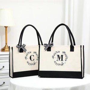 Sac fourre-tout de <span class=keywords><strong>plage</strong></span> en <span class=keywords><strong>toile</strong></span> de coton personnalisé lettre brodée initiale conception corde été automne usage quotidien cadeau monogramme - Product Image 4