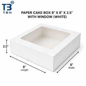 กล่องเค้กสีขาวเรียบ ขนาด 8x8x2.5 นิ้ว พร้อมหน้าต่างใส สำหรับร้านเบเกอรี่ โรงแรม โรงอาหาร งานอีเว้นท์ ซุ้มอาหาร รองรับ OEM ODM - Product Image 1