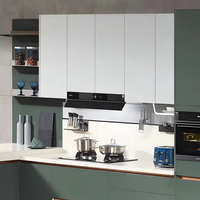 Ensemble d'armoires de cuisine modernes haut de gamme, finition vert sauge mat avec comptoir en quartz blanc et éclairage LED, conception gratuite pour la maison