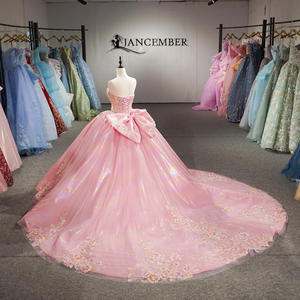 6922 Vestido de Gala Rosa sin Tirantes con Cuentas, Apliques de Encaje, Bordado Floral, Cola Capilla, Largo hasta el Suelo, Elegante, de Organza, para Fiesta y Noche - Product Image 3