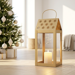 Latest 2026 Christmas Collection <b>Gold</b> Metal Candle <b>Lantern</b> with Snowflakes Cutouts for Home Decoration - Product Image 3