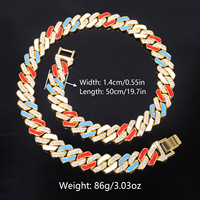 Collier à maillons cubains en émail rouge et bleu, style Iced Out, en ton argenté, pour le hip-hop, le streetwear et la mode festival