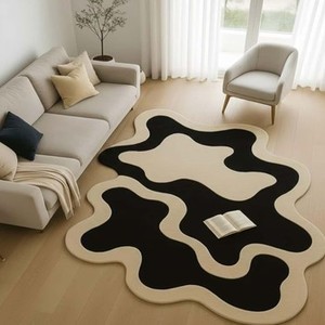 Irregular <b>Hand</b> <b>Tufted</b> Area <b>Rug</b>, Modern Abstract Black Ivory Wool <b>Rug</b> Mid Century Statement Designer Carpet for Livingroom Decor - Product Image 4