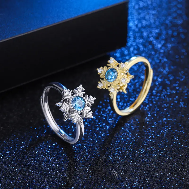 Cincin tangan berlian Retro S925 perak murni cincin kepingan salju biru safir 18K cincin berlapis emas untuk wanita