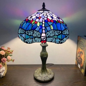 LongHuiJing Antique Tiffany Style Table Lamp Handmade Stained Glass Lampshade Desk <b>Lights</b> With Zinc Alloy Base - Product Image 2