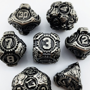 Dés de jeu de table DND TRPG en alliage de zinc, polyédriques, écologiques, durables, 7 pièces, argent poli, vert vif, engrenage creux, style steampunk - Product Image 3