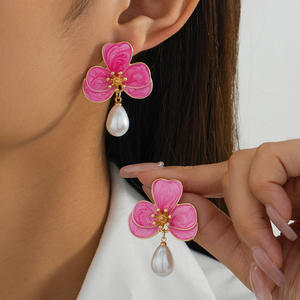 Pendientes de Aro con Flores Tridimensionales Blancas con Efecto de Goteo de Aceite para Mujer, Joyería de Moda Geométrica - Product Image 3