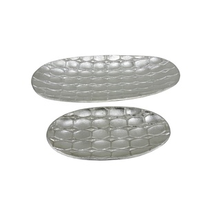 ชุดถาดรูปไข่ลายนูนสำหรับตกแต่งบ้านร้านอาหารโรงแรมถาดเสิร์ฟโลหะสีเงิน2ชุด - Product Image 3