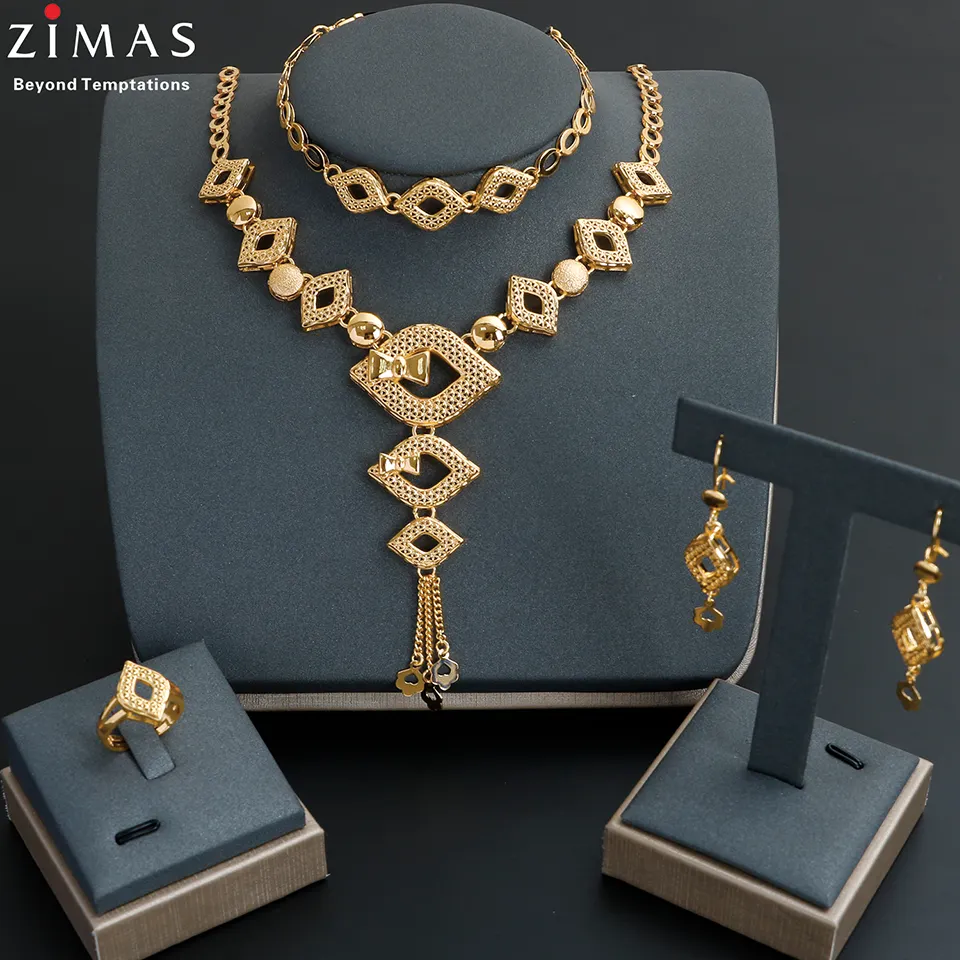 4 Piece Womens Full 18K Gold Plated Pictures Necklace And Earrings Jewelry Set Luxury Jewelry Set In Dubai Gold