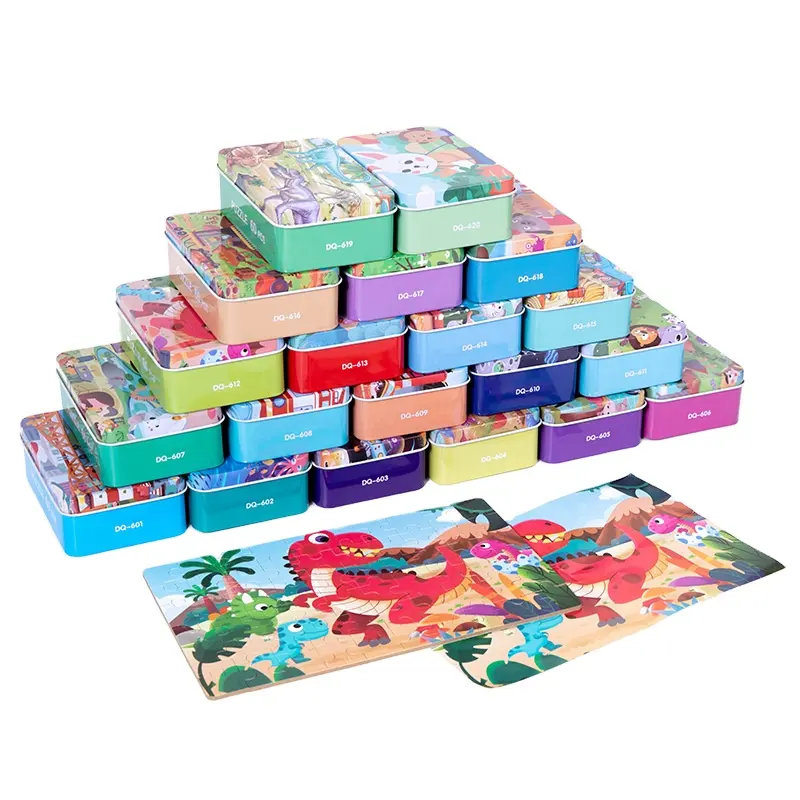 교육 60 조각 나무 직소 퍼즐 아기 조기 학습 장난감 금속 상자