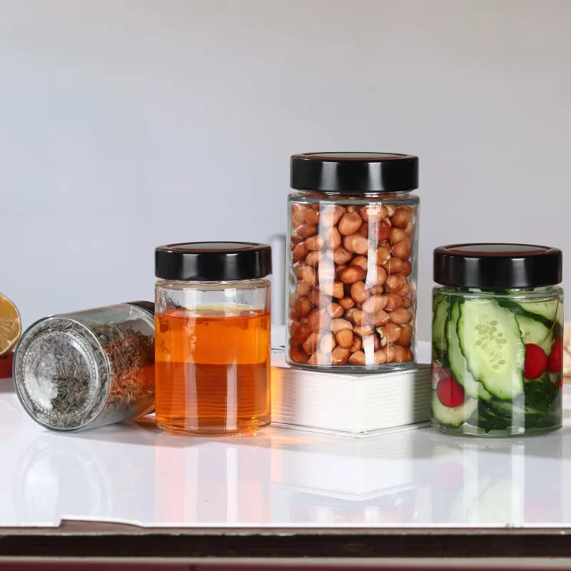 wholesale food grade kitchen glass jam honey jars clear round with screw metal lid